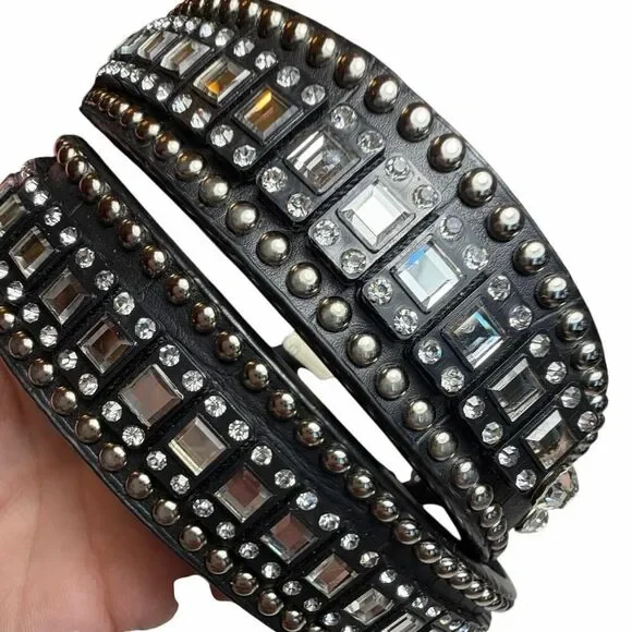 Western Rhinestone Crystal Belt Black Genuine Leather Croc Embossed Studded SM - Picture 13 of 15